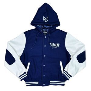 RawGear Embroidered Letterman Jacket Hoodie - Size Small - Navy / White